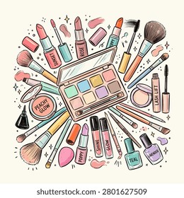 Makeup and beauty tools sketch illustration with colorful eyeshadow palette cosmetics lipstick eyeshadow products