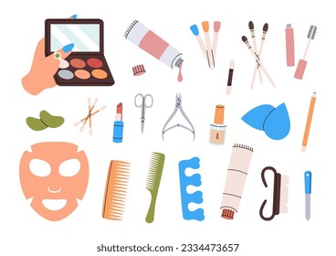 Makeup and beauty tools. Women's cosmetics. Eye shadow, powder, brushes, lipstick, lip gloss, pencil, mascara, blush, eyebrow pencil, mirror, cream.