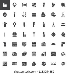 Make-up and Beauty vector icons set, modern solid symbol collection, filled style pictogram pack. Signs logo illustration. Set includes icons as Lipstick, Mirror, Facial mask, Brush, Mascara, Cosmetic