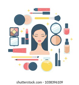 Makeup and beauty woman face flat vector icon set