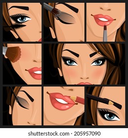 Make-up beauty woman set of lips eyes face on black background vector illustration