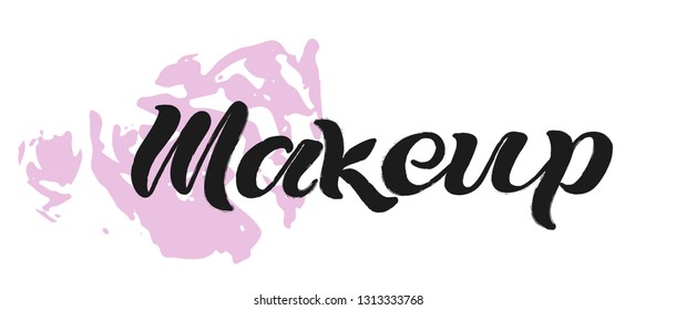 Makeup black text on white background with pink spots. Sign vector design. 