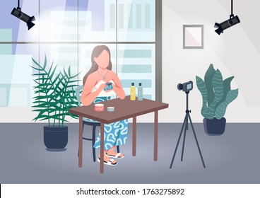 Makeup blogger flat color vector illustration. Lifestyle guru shoot video in studio. Professional lighting to film and stream. Beauty vlogger 2D cartoon character with interior on background