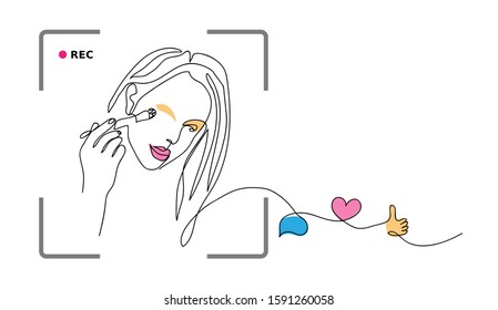 Makeup blogger girl.  Vector simple illustration girl with brush, cosmetics review. Minimal concept with rec, like, thumb up, heart, comment .