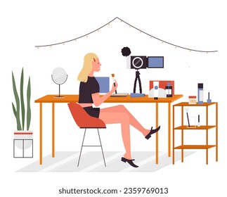 Makeup blogger recording content in studio. Beauty tutorials, makeup influencer vector cartoon illustration