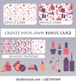 Makeup bonus card. Vector DIY template with makeup patterns and isolated objects: cream, lipstick, mascara, nail polish, perfume, lotion, lipstick, eye shadows, brush, powder. Doodle design.