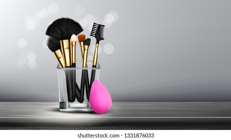 Makeup Brush Banner Vector. Cosmetic Background. Eye Beauty. Professional Object. Wooden Table. Holder. Professional Woman Facial Equipment. Realistic Isolated Illustration