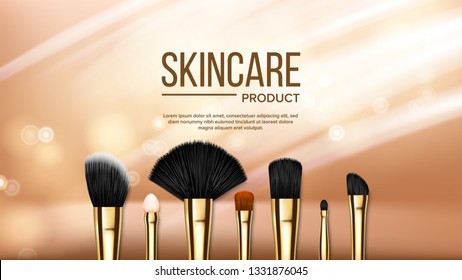 Makeup Brush Banner Vector. Cosmetic Background. Eye Beauty. Professional Object. Professional Woman Facial Equipment. Realistic Isolated Illustration