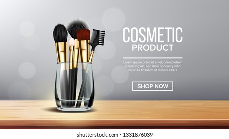 Makeup Brush Banner Vector. Holder. Wooden Stand. Female Accessory. Realistic Isolated Illustration