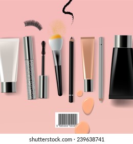 Makeup brush and cosmetics, vector illustration.