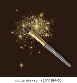 Makeup Brush with Golden Glitter on Dark Background