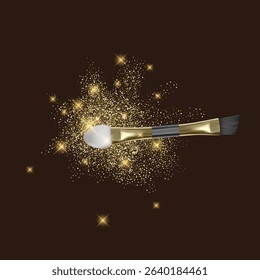 Makeup Brush with Golden Glitter on Dark Background