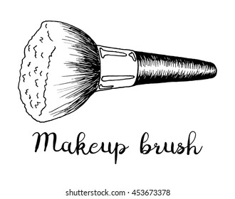 Makeup Brush. Hand-drawn black and white art. Isolated with the inscription
