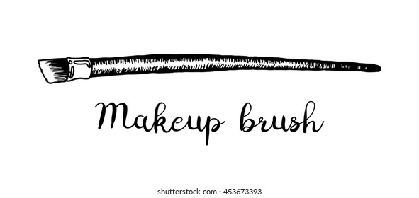 Makeup Brush. Hand-drawn black and white art. Isolated with the inscription