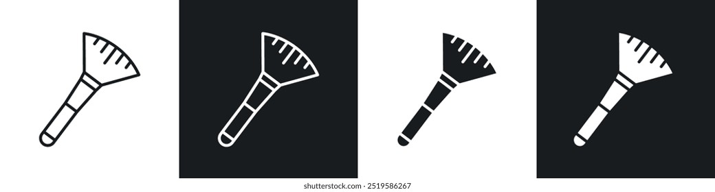 Makeup brush icon collection in black and white filled and stroke line style.