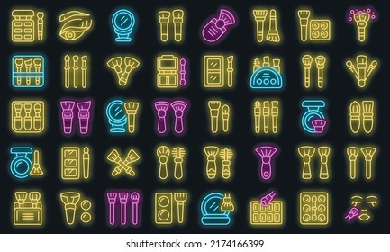 Makeup brush icons set outline vector. Cosmetic makeup. Beauty kit vector neon