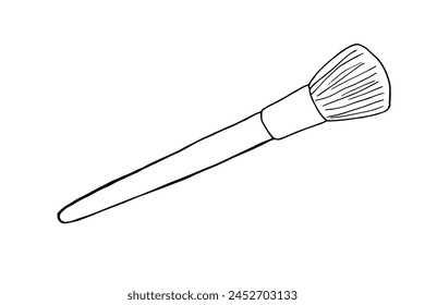 Makeup brush isolated on white background. Black and white outline doodle illustration of brush for blush, bronzer.