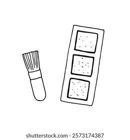 Makeup brush isolated on white background. Black and white outline doodle illustration of brush for blush, bronzer.