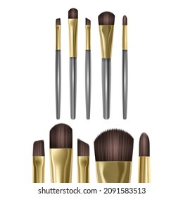Makeup brush mockups of beauty cosmetics 3d design. Blush for eyeshadow and contour, eyebrow comb, foundation, concealer and bronzer, vector illustration