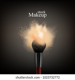 Makeup brush powder realistic background with text and brush with colourful splash of loose powder for face vector illustration