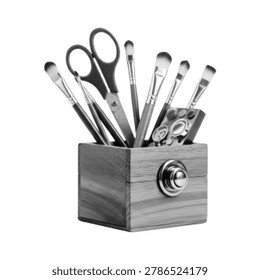 Makeup brush set with cosmetic tools in holder, monochrome halftone beauty illustration isolated on light background