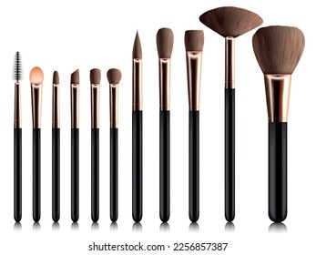 Makeup brush set with eyeshadow and facial brush realistic isolated vector illustration