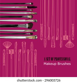 Makeup Brush Set painted by hand on a burgundy background.  vector illustration for your design, cosmetic banners, brochures and promotional items