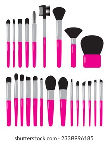 Makeup brush set. A variety of makeup brushes with a pink handle.