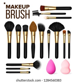 Makeup Brush Set Vector. Cosmetic Beauty Tools. Professional Woman Facial Equipment. Female Accessory. Realistic Isolated Illustration