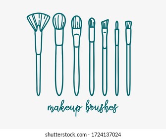 Makeup Brush Set. Vector outline illustration. Beauty and skincare icons set, isolated on white background. Make up collection for shop and salon