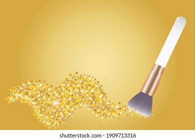 Makeup brush with a smear of golden eyeshadow, top view. Golden background with empty place for text