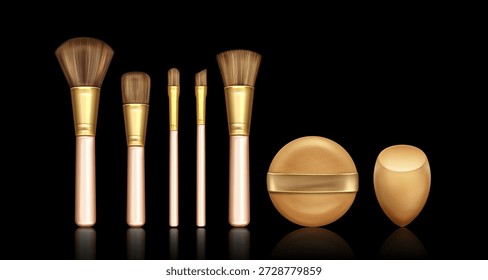 Schminkpinsel und Schwammset einzeln auf schwarzem Hintergrund. Vektorrealistische Illustration von Werkzeugen für professionelle Kosmetikanwendungen, Augenschatten, Puder, erröten, Concealer, Fundamentbürsten