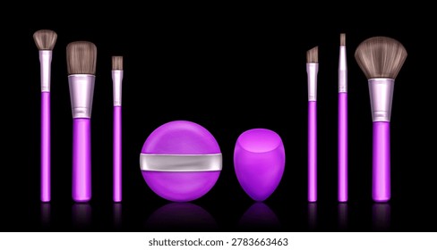 Makeup brush and sponge set isolated on black background. Vector realistic illustration of tools for professional cosmetics application, eye shadows, powder, blush, concealer, foundation brushes