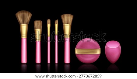 Makeup brush and sponge set isolated on black background. Vector realistic illustration of tools for professional cosmetics application, eye shadows, powder, blush, concealer, foundation brushes