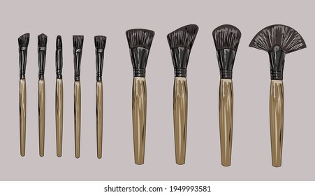 Makeup brush vector mockups of beauty cosmetics 3d design. Blush, eyeshadow and contour, eyebrow comb, foundation, concealer and bronzer, angle, fan and flat realistic brushes, make up artist kit. 