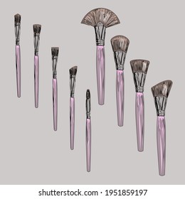 Makeup brush vector mockups of beauty cosmetics 3d design. Blush, eyeshadow and contour, eyebrow comb, foundation, concealer and bronzer, angle, fan and flat realistic brushes, make up artist kit. 
