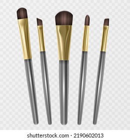 Makeup brush vector mockups of beauty cosmetics 3d design. Blush, eyeshadow and contour, eyebrow comb, foundation, concealer and bronzer, angle, fan and flat realistic brushes, make up artist 