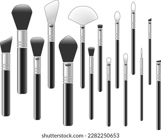Makeup brush vector mockups of beauty cosmetics design. Blush, eyeshadow and contour, foundation, concealer and bronzer, angle, fan and flat realistic brushes, make up artist kit