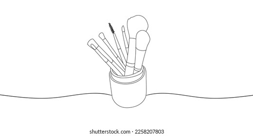 Makeup brushes box line drawing on white background. Fashion vector illustration