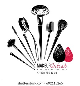 Makeup brushes collection. Makeup artist t-shirt design and business card concept. Hand drawn graphic vector fashion illustration in watercolor style. Black art on white background