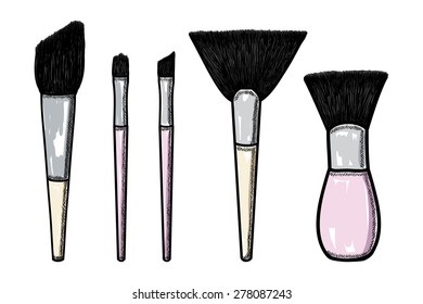 Makeup brushes collection. Doodle style.
