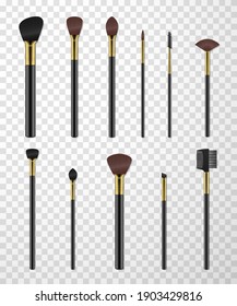 Makeup brushes, comb for eyebrows with black plastic rods realistic set. Buffling, powder, angled, eyeshadow, lip, fan, tapered, spoolie cosmetic tools. Vector collection isolated on transparent.