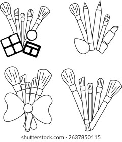 Makeup brushes composition set. Vector graphic line illustration. Black and white cute cosmetic makeup art. Banner, poster, wrapping paper, sticker, print, modern textile design.
