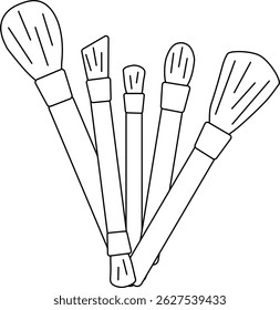 Makeup brushes composition. Vector graphic line illustration. Black and white cute cosmetic makeup art. Banner, poster, wrapping paper, sticker, print, modern textile design.