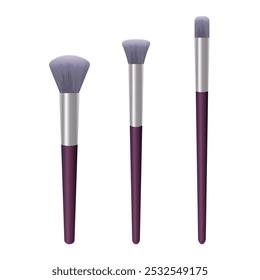 Make-up brushes. Cosmetic brushes for eyeshadows, blusher, powder. Female fashion accessories for make up. Purple brushes set. Vector illustration.