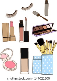 Makeup brushes in cup and cosmetics