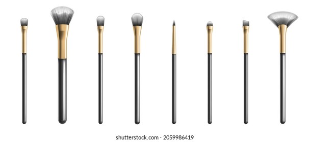 Makeup brushes different shapes, professional cosmetic tools. Vector realistic set of 3d make up brushes for blush, eyeshadow, foundation and concealer. Black beauty tassels for visage