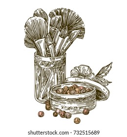 Makeup brushes in glass and illuminating beads powder. Engraving style. Vector illustration.