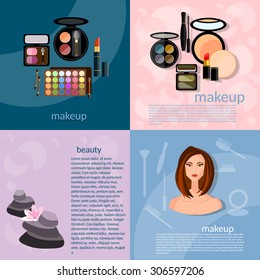 Makeup brushes hadows professional make-up details cosmetology beautiful woman face vector  