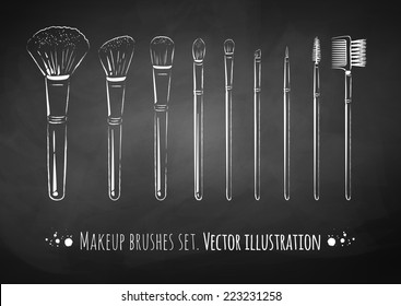 Makeup brushes kit. Chalked hand drawn vector set. isolated.